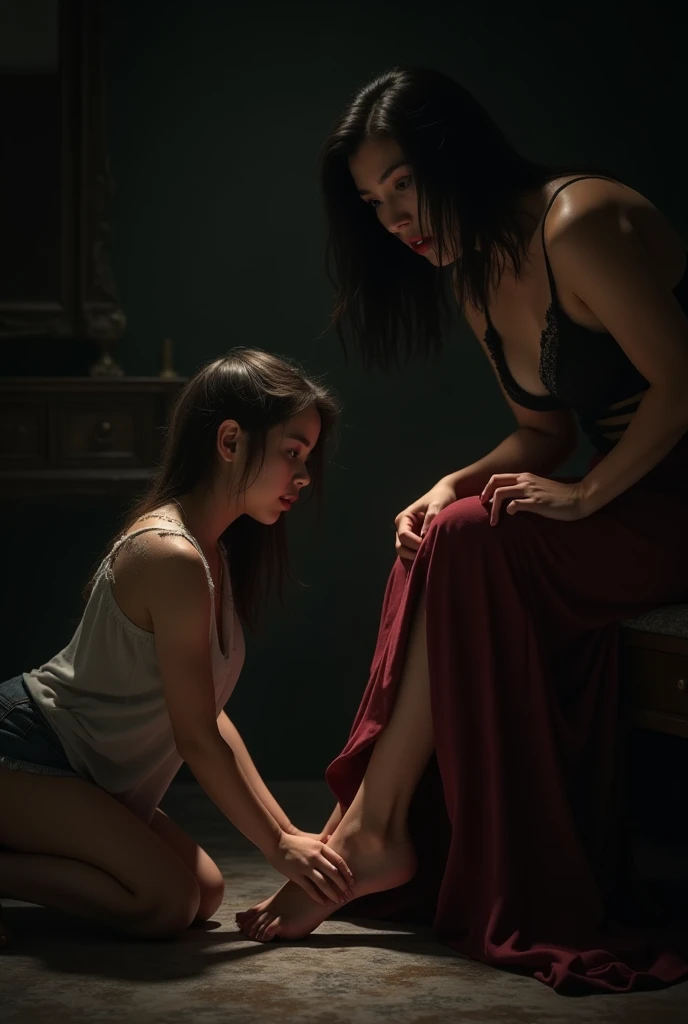 two beautiful naked women fight each other on the street of an ancient city, night