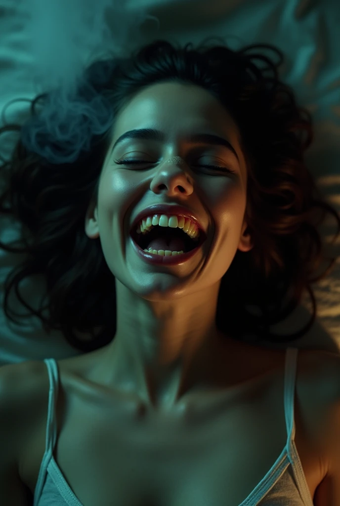 A screaming naked 18yo woman with big tits in a bedroom with a portal behind her. The woman is brightly lit and sweaty. Brightly lit room. Close up