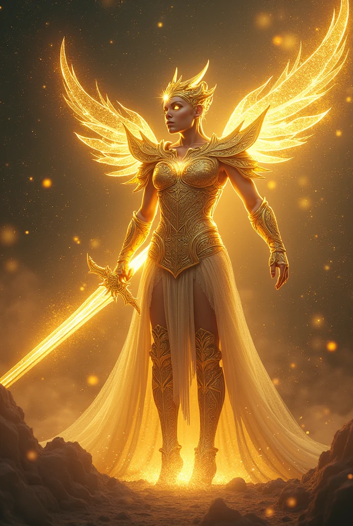 A young 15- yr old native European girl with lovely charminvg face,(dark skin texture masterpiece), (perfect full body detailed anatomy), (Super accessories detailed), (meditating ), (perfect detailed glowing bright eyes),(short ponytail illuminating yellow green crystalized hair),Wearing transparent costume of an angel,holding a treasure septer & shield, illuminating different lights covers the sorrounding atmosphere Has beautiful large white wings, The character solemnly praying