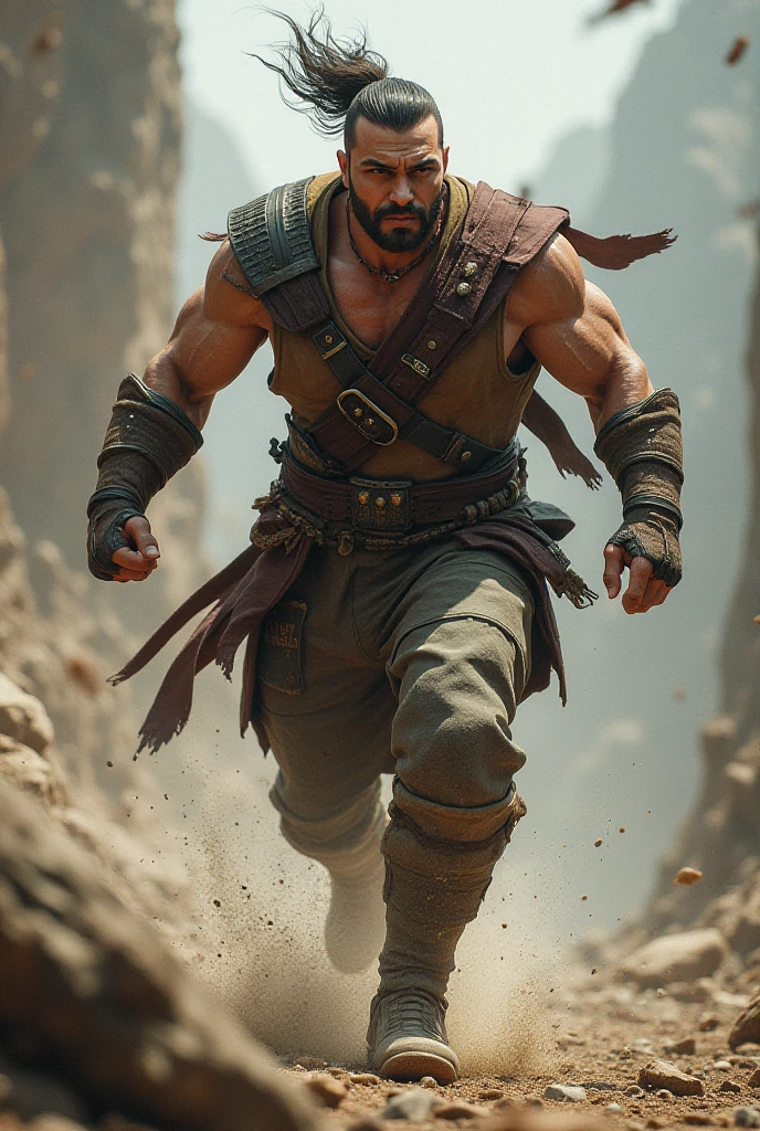 man, fighter, age 30, spear, strong