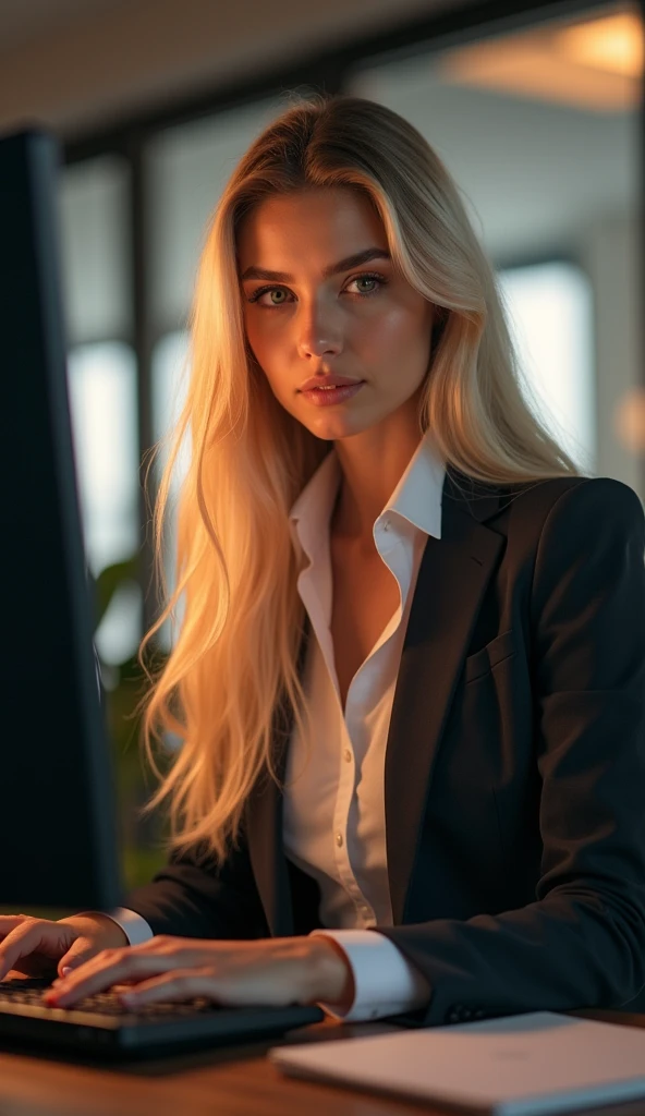 a beautiful girl with long blonde hair, detailed eyes, nose, and lips, wearing professional outfit, fit and voluptuous body, standing in her office, using her tablet (best quality,4k,8k,highres,masterpiece:1.2),ultra-detailed,(realistic,photorealistic,photo-realistic:1.37),HDR,studio lighting,extremely detailed face and body, wide angle portrait,cinematic lighting,dramatic lighting,warm color tones,dramatic colors