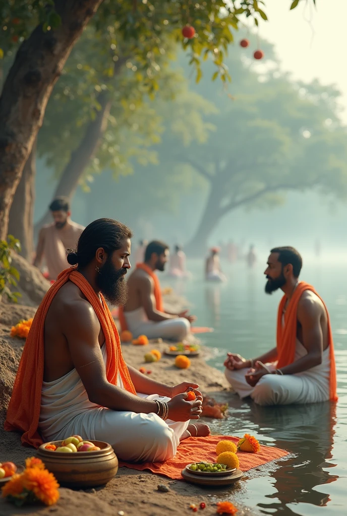 Two sadhus who are sitting on the banks of Ganga and discussing Indian principles and there is a beautiful Vedic city along with very beautiful trees, flowers, animals and birds where the fire of Yagya is rising 