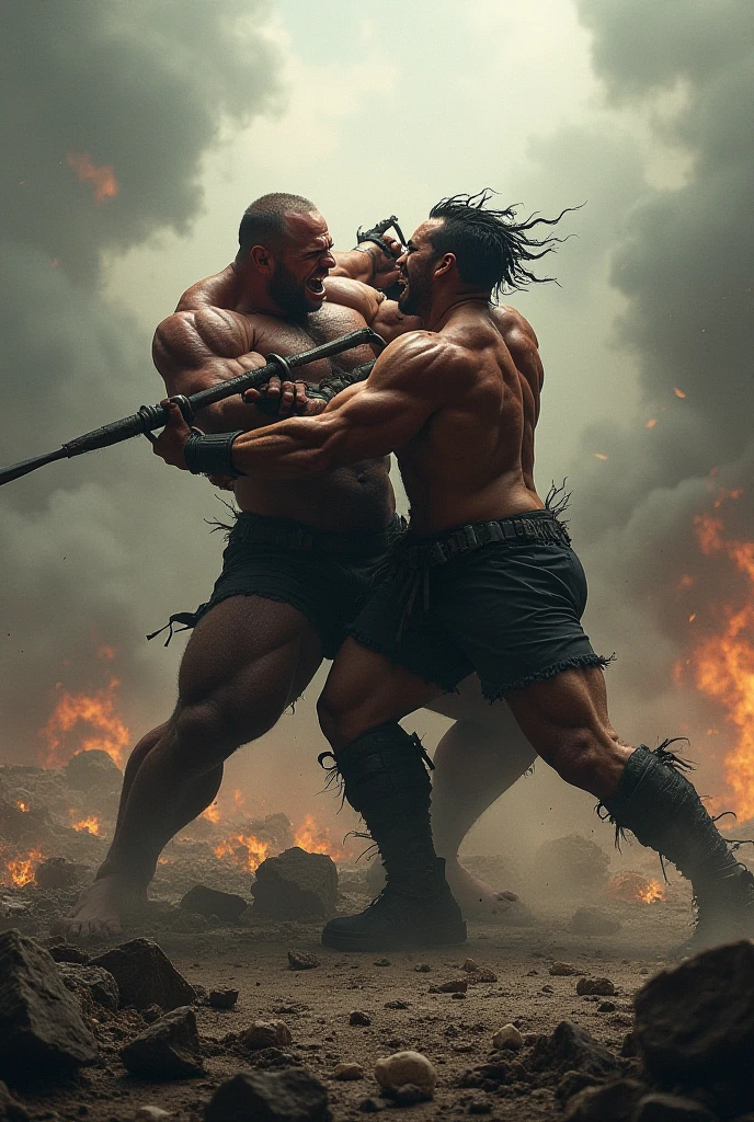 looking at us, Staring Intently, face focus, Bandit, Fat ferocious barbarian:2, This barbarian is a robust stocky Japanese, smirking, lets out a yell, mid combat, intense battle scene, leather and iron armor, armored short skirt, holding a Viking War Axes, viking helmet, legs exposed from thighs to feet, fierce warriors, ancient battlefields, epic showdown, battleground background, breathtaking action, masterpiece, volumetric lighting, Dramatic, Uighur the Warden, breathtaking action, dynamic poses, bald, ((ultra sharp)), ((masterpiece)), ((best quality)), ((ultra detailed)), ((intricate details)), Inguinal region detailed, Dilapidated, destroyed city after big air raids, fire, A desolate, post-apocalyptic cityscape, A brutal scene, casting an ominous shadow,