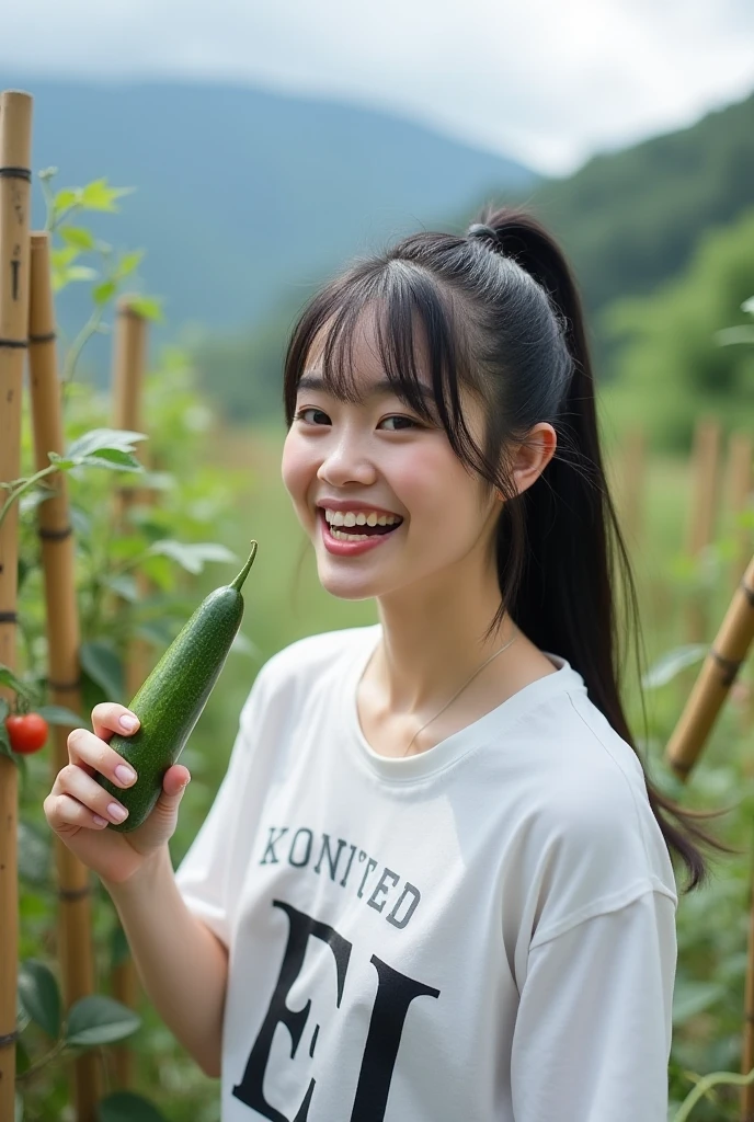 a girl 25 years old, long straight black hair, blue eyes, smile, nice and kind, holding cucumber, white shirt with font, on top of tree, (show cheest),