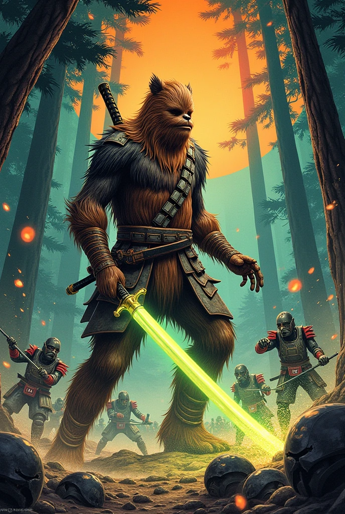 ((Two tall strong male wookies wearing green leotards with a utility belt)), thigh holster, bandoleer, leather straps, tactical, Star Wars blaster, gun, dilf, bulge, shoulder pads, 4K, Detailed Background, forest, bright sunlight, detailed eyes, narrow eyes, realistic eyes, serious eyes, symmetrical eyes, by personalami, by ruardri, by thebigslick, by kenket