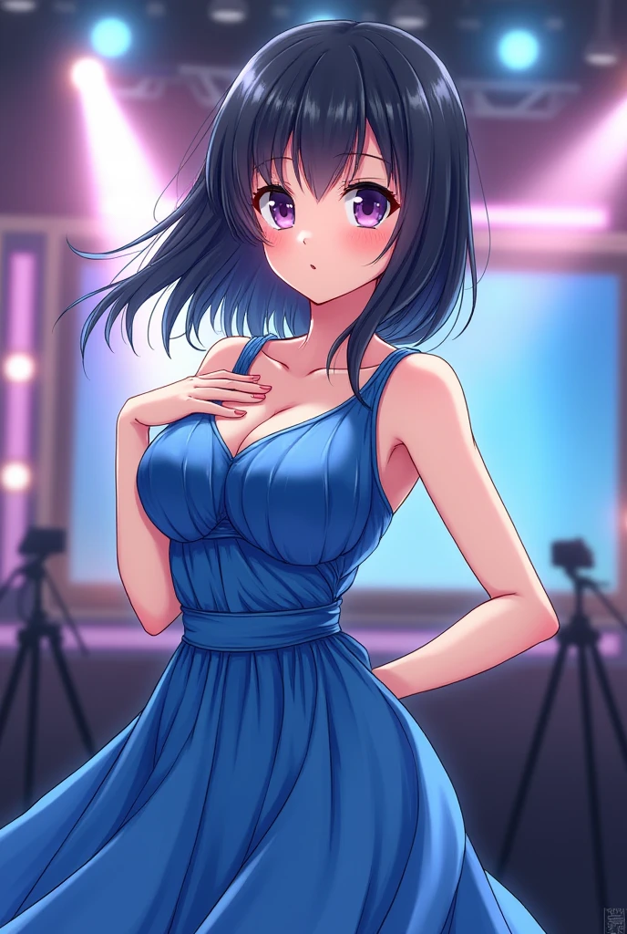 masterpiece, best quality, kurokawa_akane, closed_mouth, collarbone, smile, solo, upper_body, idol drama, drama costume, on stage costume, star eyes green,