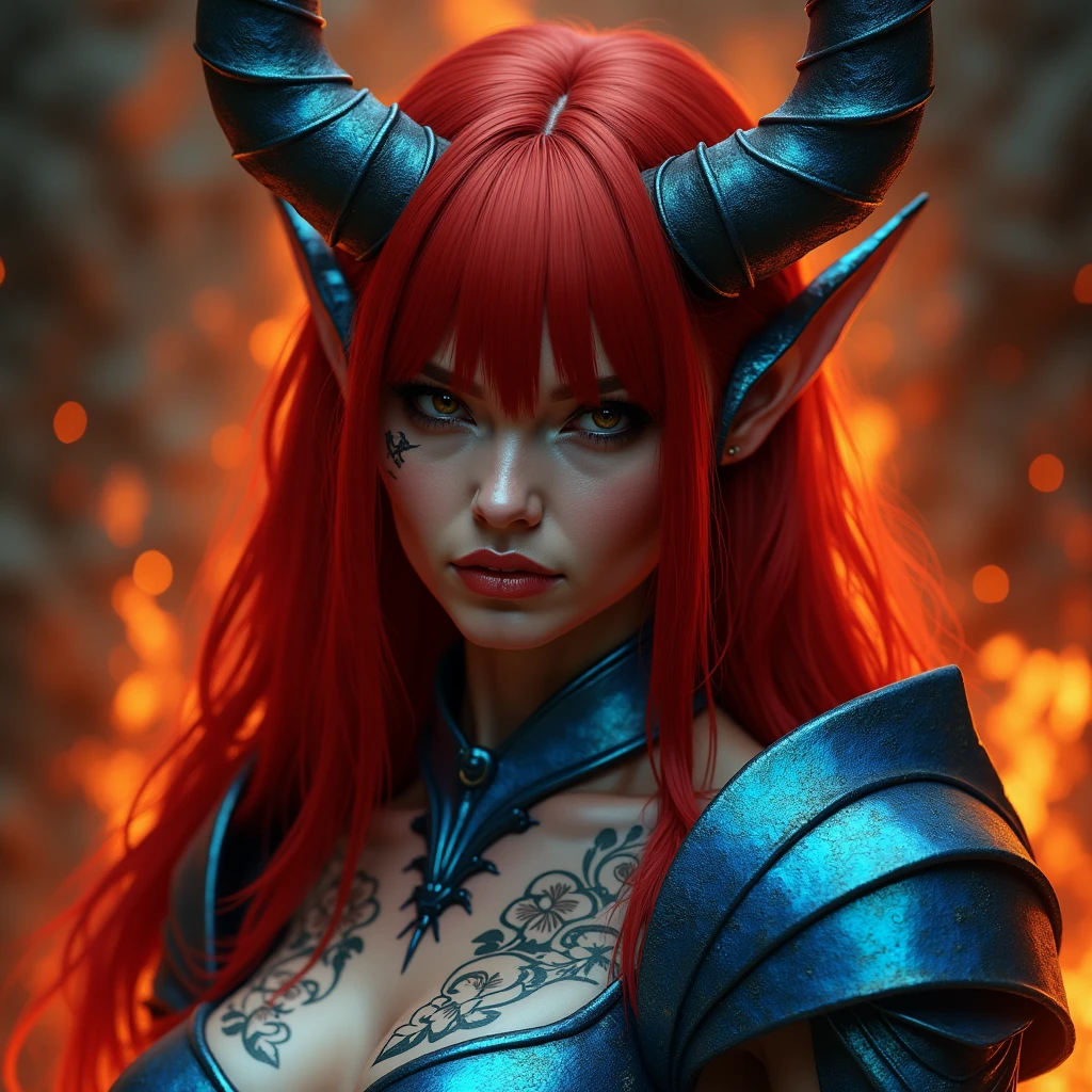 Long Red hair, bangs, horns, tattoed, in hell room, sexy, blue armor, close up view, real