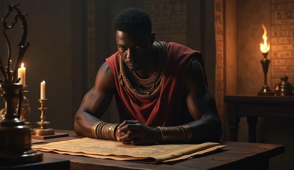 The Roman senator, Davidicus the Great is a shorter, fatter, dark skinned man with a black afro. He wears a toga in the middle of the Parthenon.