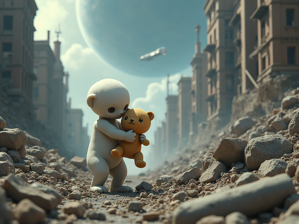 girl, hugging a teddy bear, standing in a nuclear wasteland. The once bustling city is now in ruins, Abandoned buildings and abandoned vehicles litter the desolate landscape. Nature begins to take back territory, plants growing in concrete gaps，Vines wrap around rotting structures. The atmosphere is strange, There&#39;s a sense of loneliness and despair in the air.. The scene is bathed in dark and eerie light., Emphasis on apocalyptic setting. girl&#39;Her expression reflects her loneliness and the weight of the world she carries. In this heartless world，The teddy bear she was holding gave her some comfort.. the color becomes softer, It features a desaturated, washed-out color palette., Adds to the desolate atmosphere of the scene
