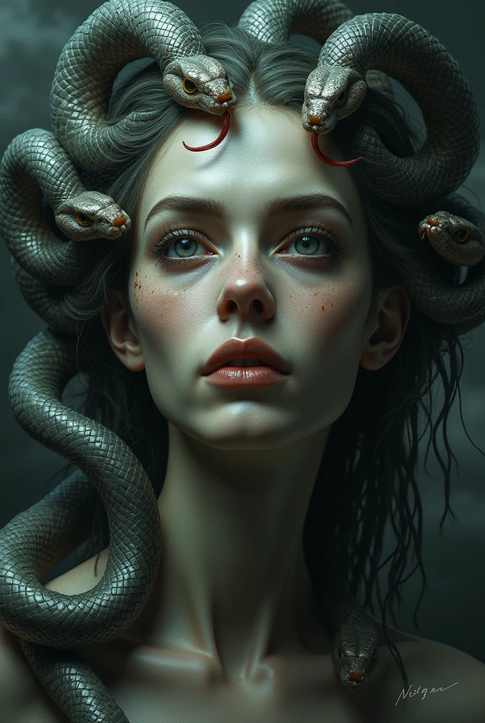 ((Create a photorealistic image of Medusa in ancient Greek times, set in a ruined temple with Roman-era elements)). ((Medusa is depicted as both hauntingly beautiful and terrifying, with a voluptuous body partially covered by intricate ancient Greek drapery)). Her skin has a marble-like texture with a faint, eerie glow, reminiscent of the cold stone she can turn her victims into.Her face is striking yet unsettling, with piercing green eyes that seem to glow, capable of turning anyone to stone. ((Her expression mixes sorrow and anger, reflecting her tragic curse)). (((Her lips are full, slightly parted, revealing sharp, serpentine teeth))). ((((Her hair consists of writhing, realistic snakes, varying in size and expression, some hissing with bared fangs)))),((The snakes are detailed with realistic scales in shades of green and gold, coiling around her shoulders and arms.))Medusa is adorned with ancient Greek jewelry, including golden armlets, a glowing gemstone necklace, and a waist chain that accentuates her figure. Her lower body is partially submerged in a dark, eerie pool within the overgrown temple. ((The water is dark and reflective, showing her muscular, scaled legs beneath the surface)).The temple is crumbling, with columns covered in vines and shattered statues of gods and heroes, some turned to stone by her gaze. The background features a dark, cloudy sky with occasional lightning flashes, casting dramatic shadows across the ruins. The Roman arches and carvings blend with the wild overgrowth, symbolizing the contrast between civilization and Medusa's wild nature.((Dim lighting highlights Medusa’s upper body, face, and snakes, with eerie shadows enhancing the scene)). The glowing gemstone and lightning flashes serve as the primary light sources, adding to the foreboding atmosphere. ((Medusa is portrayed as a figure of tragic beauty and terror, with every detail emphasizing her mythic power)), ((((NFSW Art))))