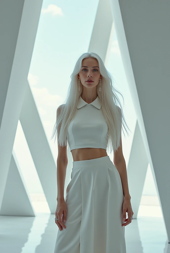(best quality), a beautiful woman standing, pale skin,long rooted white hair, elongated bob hairstyle, blue eyes, pale thin lips, white t-shirt,black leather jacket, skirt, eyeliner, perfect body, ((big breast, big hips)), detailed body, full body, super detailed, 8k