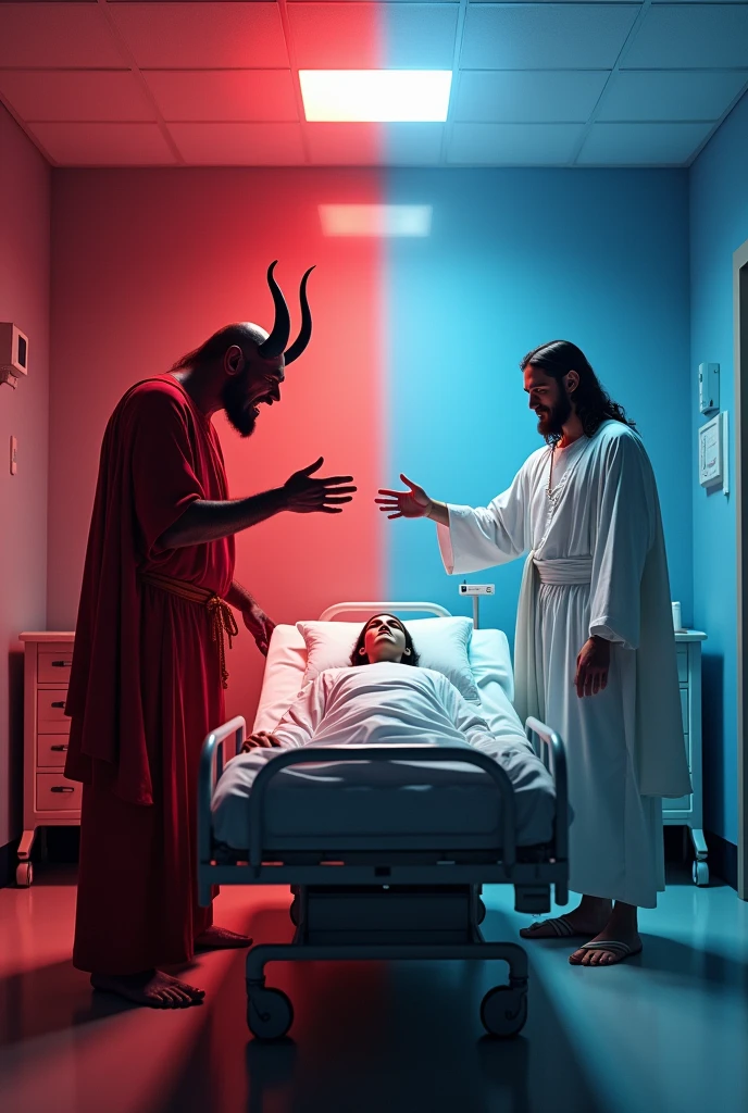 Jesus vs devil fight for a man in hospital realistic 3d