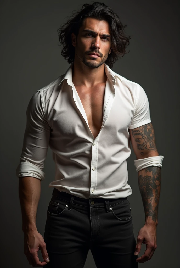 young sportive European man, with very long black hair , red eyes , smirking, dressed in a unbuttoned shirt,slowly undressing