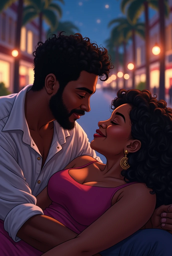 A chubby white woman with medium black hair holding hands with a black man, short hair, 1.85 m overweight kiss wildly