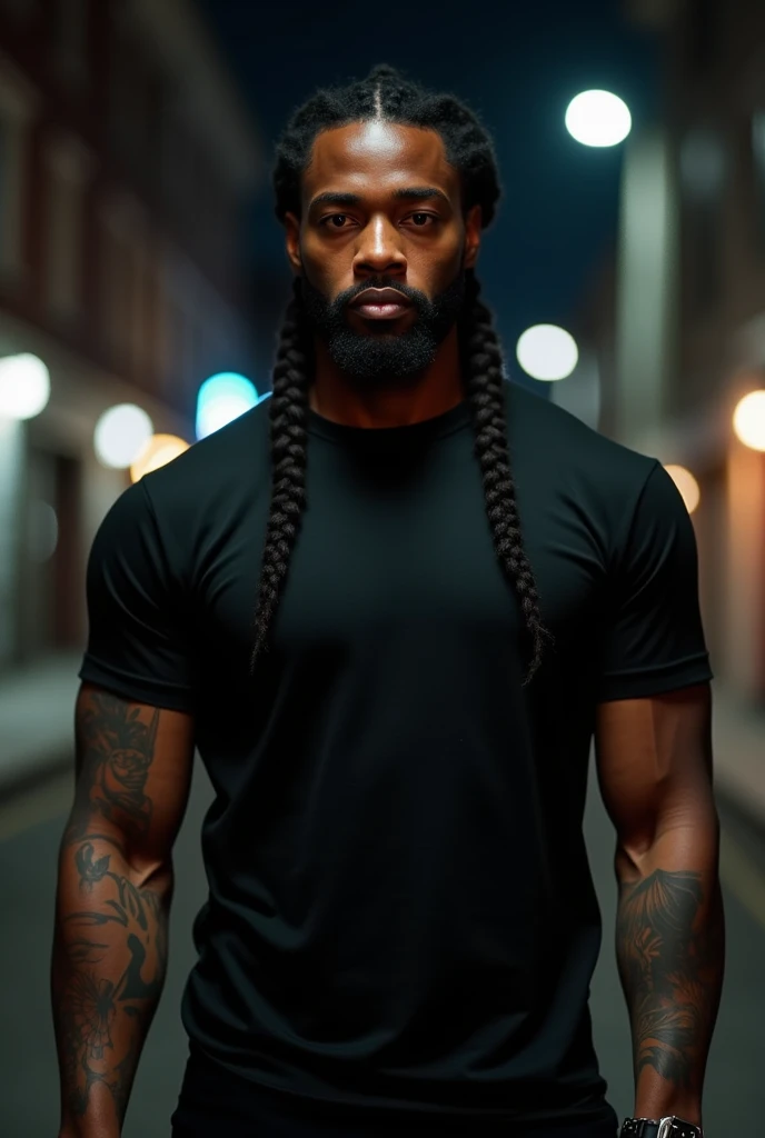 handsome black man with medium length braids flowing back in a sci fi location