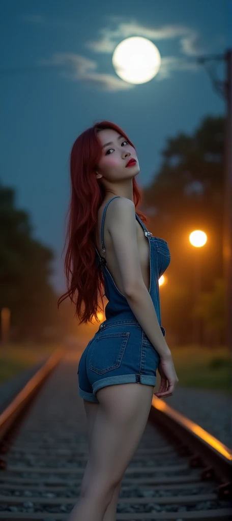 Nude, blue_and_red_light, urban outdoors, Hyper realistic airbrush painting of (Asian female model, red_long_straight_hair), wearing nothing, sunspots and freckles, trending on artstation, k, global illumination, (rear_view, thicc round_butt, big ass)