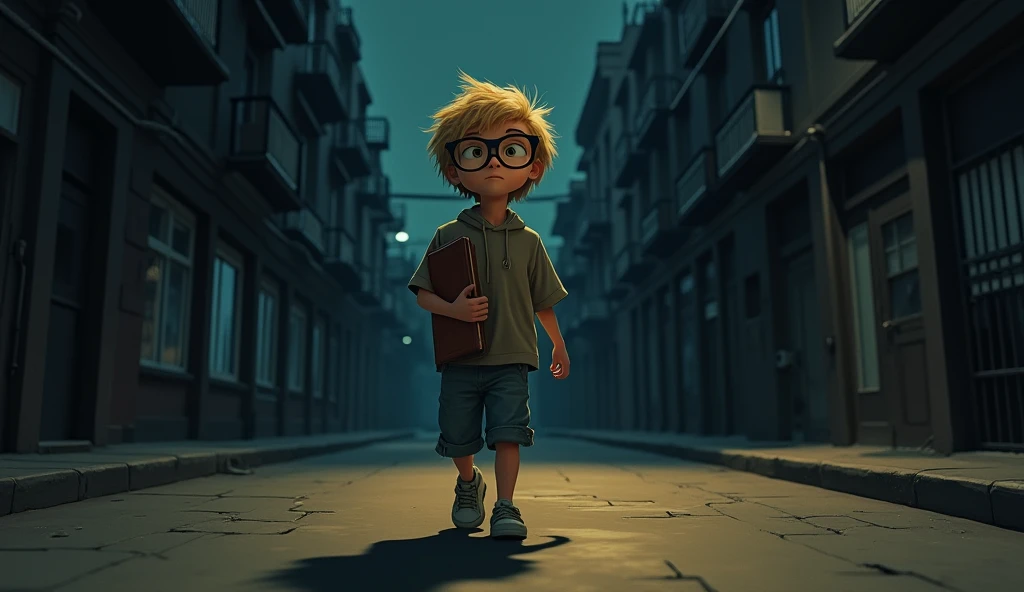 Pixar style character skinny blond boy going down stairs in the dark with flashlight in hand raining