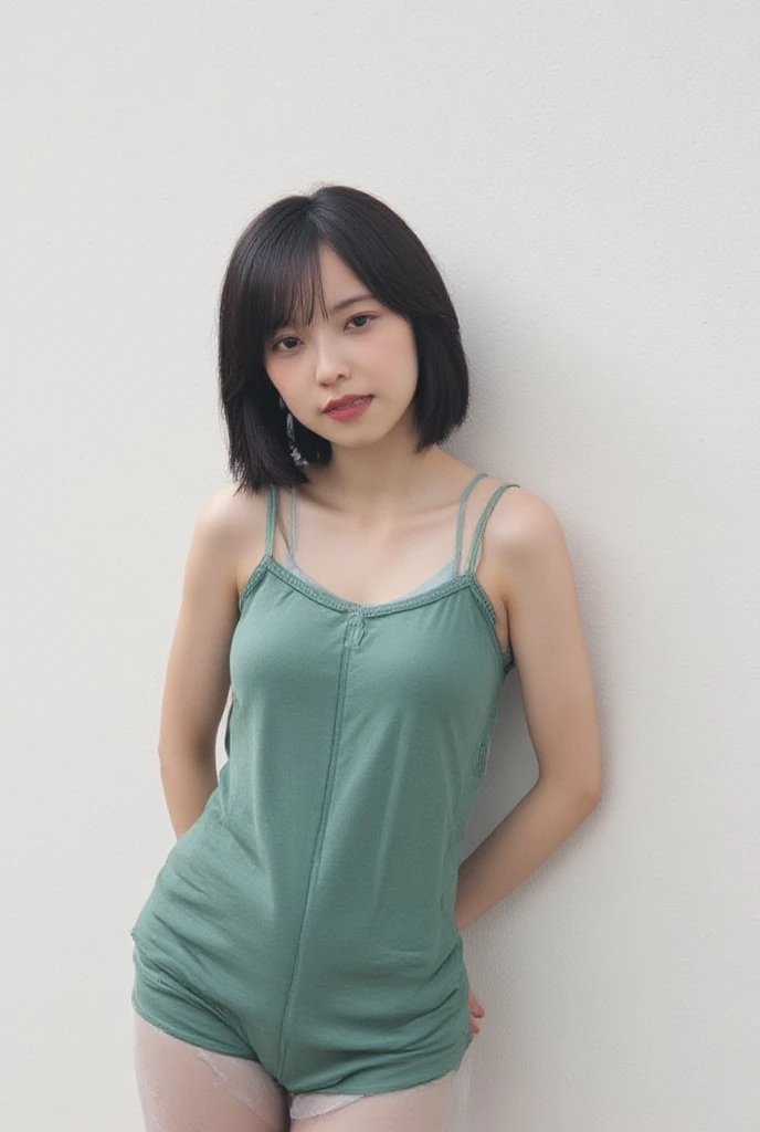 Picture taken from the front, with the left and right sides equally spaced, draw symmetrically, simple background, equally spaced left and right, stand upright, cowboy shot, (arms behind back:1.5), One girl, 18 years old, very short hair, ((WHITE tanktop, BLUE panties))