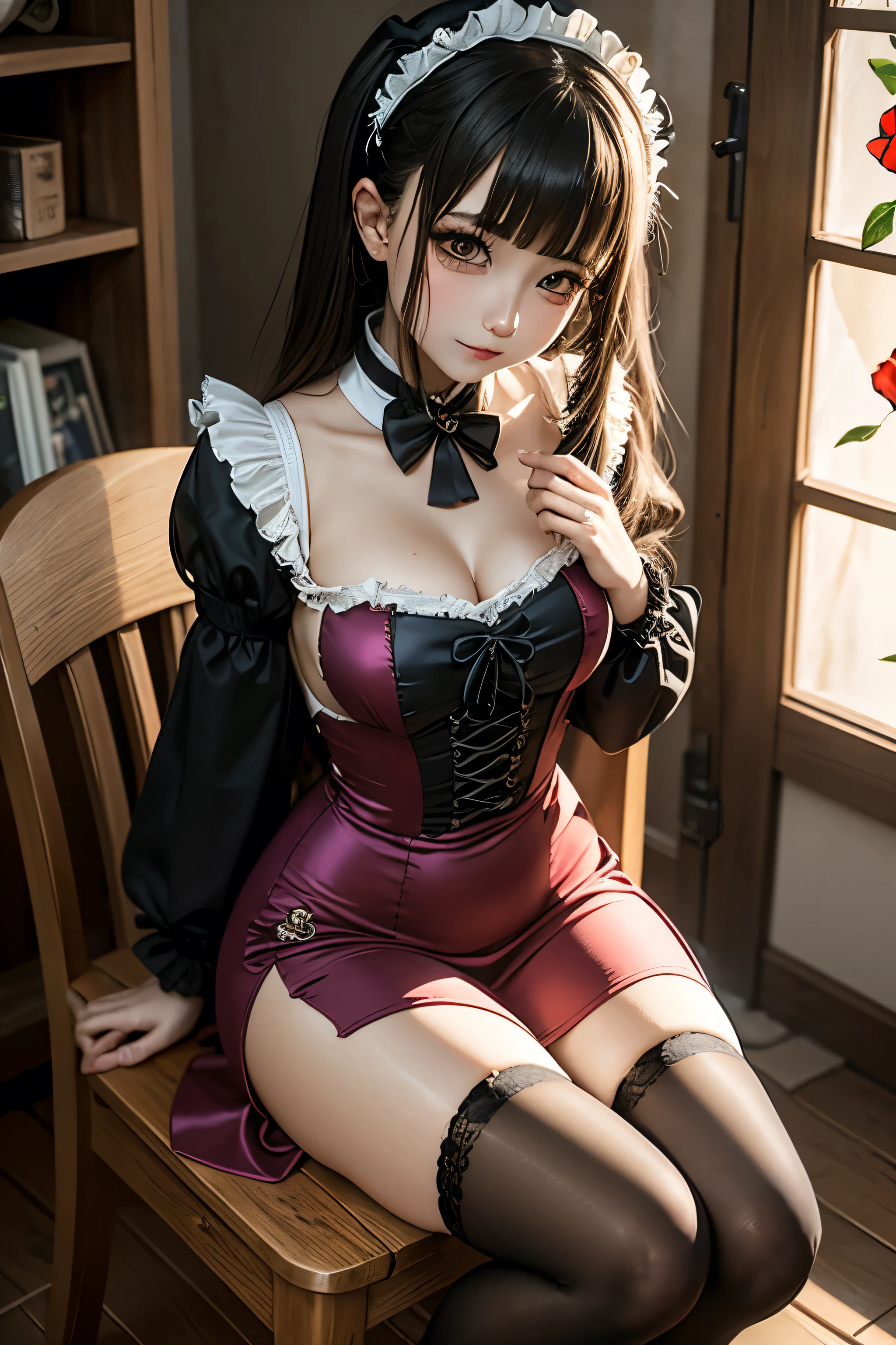 ハードDark Gothicメイク、Maniacal、Deep night sky、horor、Black Dark Eyeshadow、crying how bright、mourn、Good skin luster、Dark Gothicメイク、Dark smile、Restless Palace、Expressions of sexual arousal、Fragrant beauty、22year old、Lying、seductiv、Strong sexual pleasure facial expressions、A look of shame、Dark Gothic、Gothic lolita、bell sleeves、Wizard Sleeve、Obscene look、masutepiece、Best Quality、Refers to 5 books、Expression of sexual pleasure in anguish、Drunken face、maid clothes、Mysterious、noble、Face holding back the toilet、Transcendent sex appeal、Affectionate smile、twin-tail hair、jet black ruffle skirt、Right blue eye, The left eye is red、Gothic bed covered with roses、Transcendent Bewitching Pose、stick out buttocks、platform heel shoes、heavy make up、Moderate chest size、black lipstick、stain glass、black metal world、sloppily open your legs、Beautifying the world、sit on a bed of roses、Gothic lolita服、put your hair up、a little slender、super dark pink hair、Long hair straight hair、cute gothic lolita dress、美丽的面容、Elegant face、Bewitching look、knee high socks、thigh-high socks、stain glassが背景、the body is wet and shiny、Lots of glitter on the thighs、I'm sweating a lot、A lot of sweat and stickiness on the thighs、Sweat shining generously on the thighs、The whole body is shiny with sweat、Quite sweaty、My thighs are sweaty、my thighs are so wet、My chest is shiny from a lot of sweat、My thighs are shiny from a lot of sweat、The room is dark、A slender、