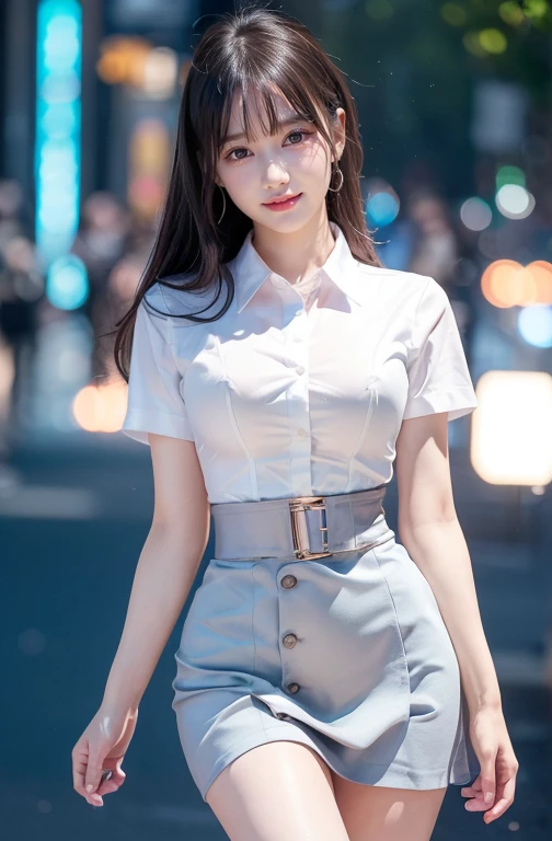 Full Body Shot 、8k, masterpiece, RAW Photos, Best Quality, Realistic, Elegant Light Blue Suit Wearing Hi-Res CG Unity 8K Wallpaper , depth of field , Cinematic Light, lens flare , ray tracing , ( very pretty face , Beautiful Lips, beautiful eyes), Detailed Face , ((Ultra-detailed skin)) one girl doing a prank , in the dark , deepshadow, Cute Korean Girl , K-POPアイドル , 1 girl, (Very slim and slendet muscular body:1.3), (( Viewers)),(Big smile:1.3), ( blurry background),( There's no one behind :1.3), beautiful earrings , bracelet, Clear Eyes , walk, (Pale skin), (Big Eyes), looking forward to , (Golden bristles), ( Full Body Shot ), , ((Blue high waist skirt)), , ( Viewers:1.3) Open chest, Very slim, medium chest , Focusing on Buttocks , In front of eyebrows, Thick thighs(( white shirt :1.3)), ( double breasted, under bust:1.2), Short sleeve, Button Gap , frameless glasses , CORSET BELTS ,Beautiful silky hair,Brown Hair,