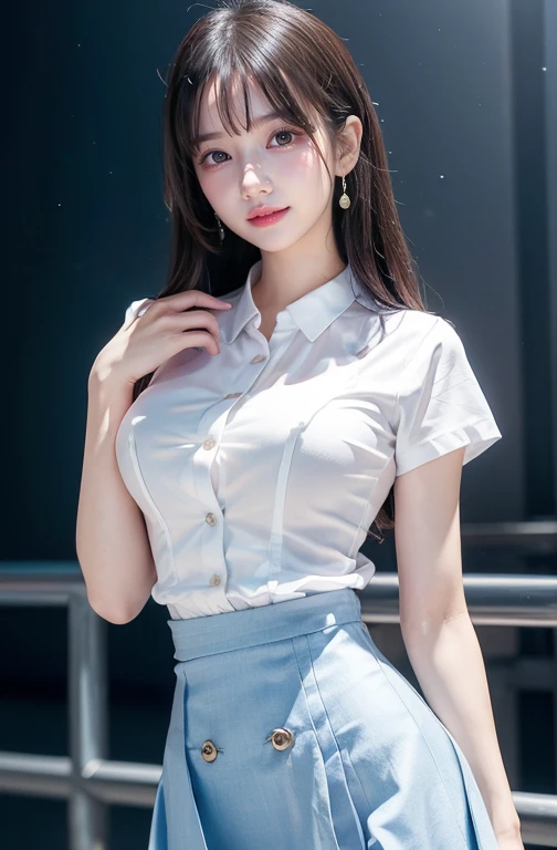 Full Body Shot 、8k, masterpiece, RAW Photos, Best Quality, Realistic, Elegant Light Blue Suit Wearing Hi-Res CG Unity 8K Wallpaper , depth of field , Cinematic Light, lens flare , ray tracing , ( very pretty face , Beautiful Lips, beautiful eyes), Detailed Face , ((Ultra-detailed skin)) one girl doing a prank , in the dark , deepshadow, Cute Korean Girl , K-POPアイドル , 1 girl, (Very slim and slendet muscular body:1.3), (( Viewers)),(Big smile:1.3), ( blurry background),( There's no one behind :1.3), beautiful earrings , bracelet, Clear Eyes , walk, (Pale skin), (Big Eyes), looking forward to , (Golden bristles), ( Full Body Shot ), , ((Blue high waist skirt)), , ( Viewers:1.3) Open chest, Very slim, medium chest , Focusing on Buttocks , In front of eyebrows, Thick thighs(( white shirt :1.3)), ( double breasted, under bust:1.2), Short sleeve, Button Gap , frameless glasses , CORSET BELTS ,Beautiful silky hair,Brown Hair,