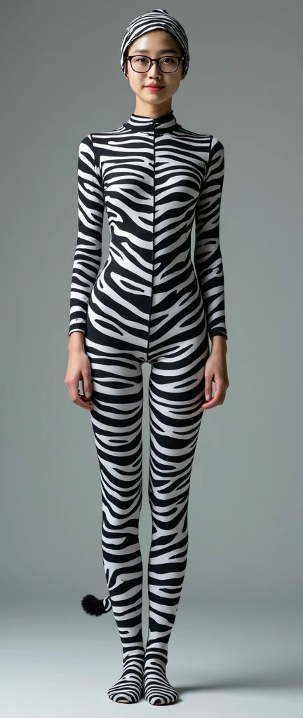 the beautiful,slender thin and clever Malaysian muslimah adult female girl with beautiful cheeks wears zebra print lycra turtleneck unitard catsuit covered with seamless stripes and always wear zebra print lycra elastane stretchy dancewear hijab covered with seamless stripes.She can be touched.