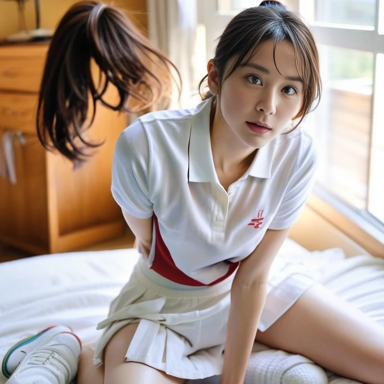 (Masterpiece, Best quality:1.3), (Ultra realistic:1.2), Natural light, 28 years old actress, Japanese women, Neat and clean, (White tennis uniform, White short-sleeve polo shirt with darknavy line collar:1.1), (unbutton:1.3), (White pleated skirt:1.1), white sock, (ponytail:1.3), (Beautiful face), Oval face, clear, Beautiful eyes, Kind eyes, Clear skin, Small face, Beautiful mouth, Small mouth, Natural makeup, Approachable, (nsfw:1.1), Seductive, (Seductive pose:1.2), (Beautiful thighs:1.1), (Bedroom eyes:1.1), Embarrassed, Blush, Luxury hotel Suite room, On bed, Hidden camera installed in suite room captures obscene reality of girls high school, lesbian couple , girls petting together Pussy, grabbing crotch together, girls erotic hag, (arms behind back: 1.1), shibari, Bedroom eyes,