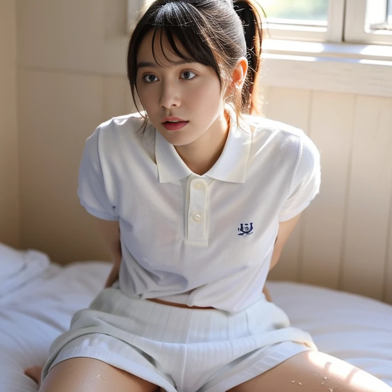 ((highest quality, masterpiece :1.3)), Photorealistic、Ultra-high resolution、Natural skin texture、Hyperrealism、Photograph from the knee up、 Japanese beautiful girl、Ponytail Hair、Large breasts、White collared shirt and tie、mini skirt、Frightened expression、Lying in bed