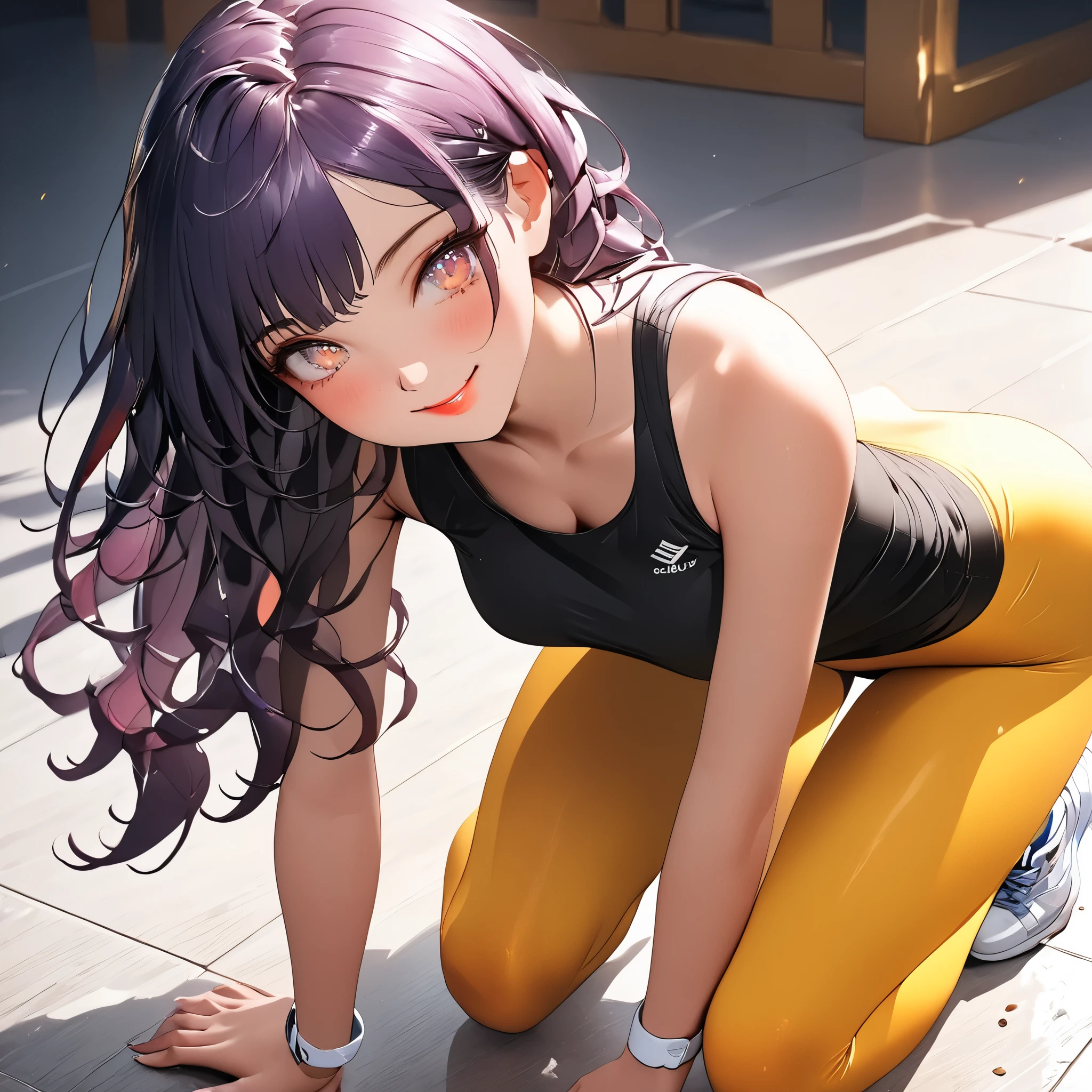 Masterpiece, 4K, HDR, full HD, (best quality), (ultra detailed), (only), intricate ANIME TYPE, best quality, 1girl , ((deep purple hair)) , hyper beautiful face, perfect anatomy, shiny skin, full body, alone, long hair, looking at viewer, perfect hands, perfect legs, super detailed clothes, intricate clothes, hyper detailed cloths, super detailed face, super detailed skin, super detailed quality, expressive eyes, brown eyes, super detailed eyes, JK, epngekatsuragimisato , SDXL illustration design beautiful girl two-dimensional beautiful girl digital painting comic Ukiyo-e watercolor cartoon others,ROUGH, smile, blushing, dynamic pose, American shot, cowboy shot, portrait quality, super detailed hands, super detailed fingers, very beautiful fingers, very beautiful hands, 8k,masterpiece, CGSTATION, hyper CGI style, extremely detailed art by artgerm , photorealistic chica anime render , A 4K anime drawing style, best quality, 3D rendering, INTRICATE, Cute Girl, hyper detailed, medium bust, 27 years old, a woman, Sensual smile, red lips, super detailed skin, She is wearing tight yellow thermal leggings, a tight blue sports top, white sneakers, tights: yellow, top: blue, Forward Stretch Pose: Sitting on the floor, the model leans forward to touch her feet, legs extended and together. Her back is straight, and her hair falls naturally to one side. Highlights the flexibility and harmony of its movements. the view is from above,