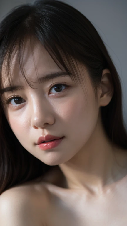 Create a high-resolution portrait of a young Japanese woman resembling the actress Minami Hamabe. She has a gentle and calm demeanor, with fair, clear skin and long, silky black hair that frames her face. Her eyes are large, almond-shaped, and a deep brown color, exuding a sense of innocence and curiosity. Her facial features are soft and balanced, with a slight blush on her cheeks and natural makeup that highlights her beauty. She wears a simple, elegant dress in pastel colors, standing against a softly blurred background that emphasizes her peaceful and elegant aura. The lighting is natural and soft, highlighting her delicate features and creating a warm, inviting atmosphere.