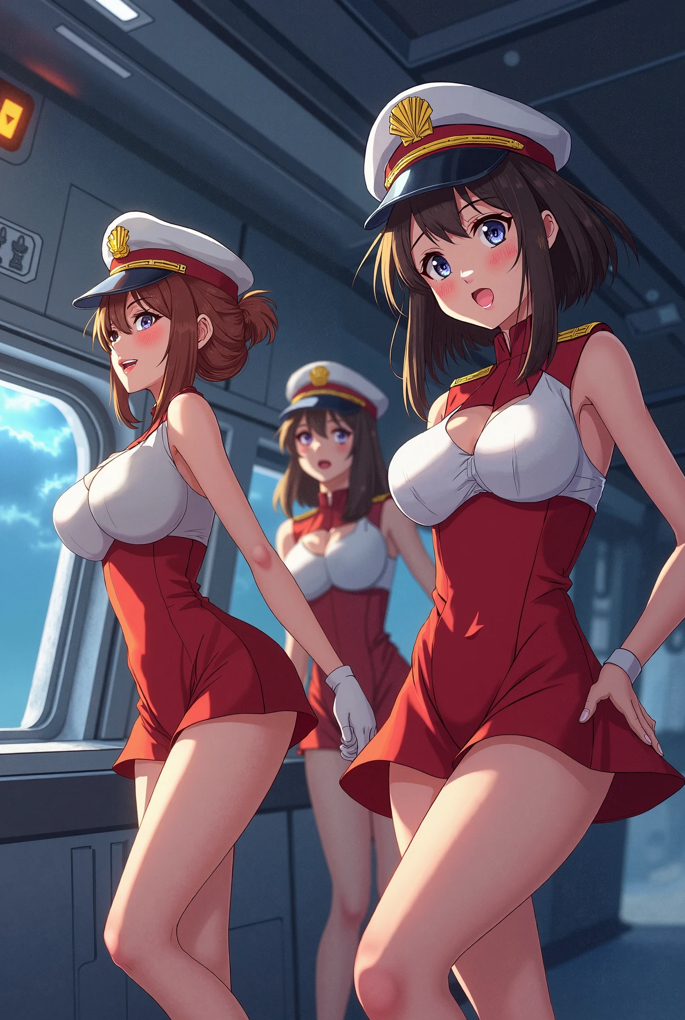 a group of sexy stewardess woman, white uniform, stewardess hat, beautiful eyes, blush on make up, pleasure expression, long eyelashes, stockings, garter belt, big breasts, blushing, smiling, (high quality), (best quality), (full body camera shot), sexy lips, cleavage, big hips, sexy thighs, airplane interior background