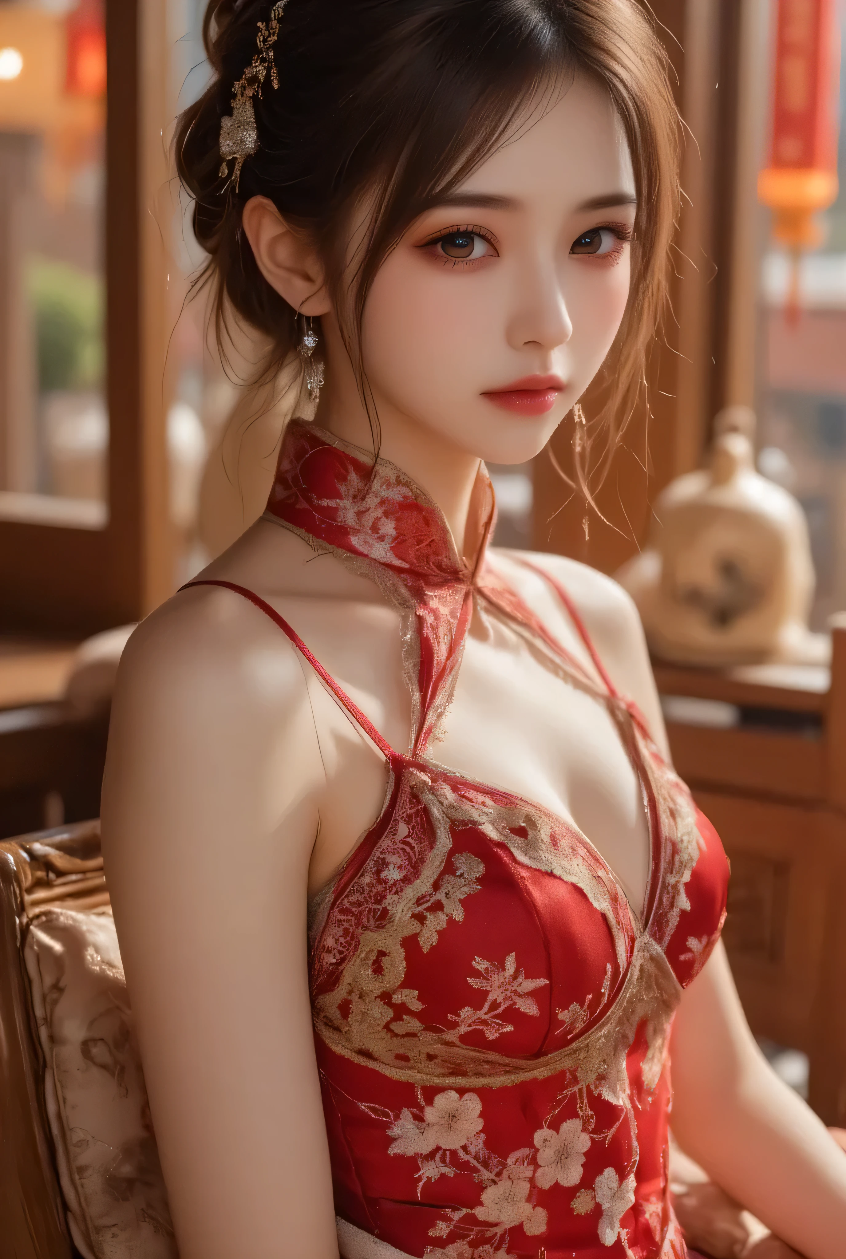 Cat ears、 face up、,attractive, pretty girl, ponytail、 (( fine facial features , eroticism)), dramatic lighting , realistic , 8k, Dramatic Shadows , intricate and elaborate patterns , super detailed photo , chiaroscuro lighting , Pleasant colors , deep contrast , super real 、 pink lipstick、 warm room、Vintage Fireplace 、 cinematic composition, beautiful silver gemstone chinese hair accessories , Close-up of face, A beautiful Korean idol wearing a red or pink sexy short cheongsam with golden or silver intricate floral embroidery, standing gracefully in a room filled with traditional Chinese New Year decorations. The room features vibrant red lanterns, decorative calligraphy scrolls, a small Chinese orange tree with golden ornaments, and several red envelopes scattered across the floor and hanging from the tree. Adorable, playful cats are part of the scene—some sitting near the tree, others curiously pawing at the red envelopes or lounging around. Through a window or an open door in the background, vibrant Chinese fireworks light up the night sky in an array of reds, golds, and blues, casting a magical glow into the room. The idol’s outfit is paired with subtle accessories like red hairpins or earrings, complementing the festive look. The atmosphere is warm and lively, filled with the joyful essence of the celebration, enhanced by the shimmering lights of the fireworks and the lively decor.