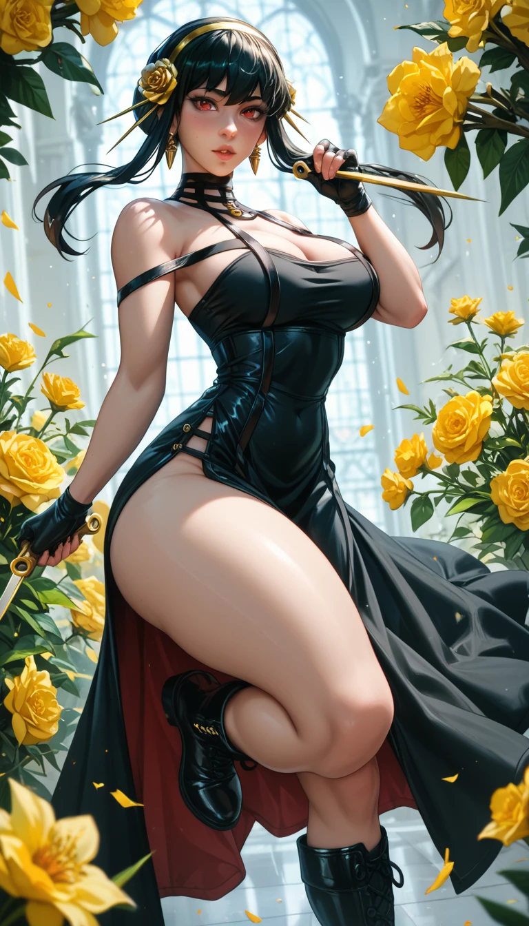 realistic, 1girl, black hair, red eyes, bright eyes, dress, oriental, skirt, lips half-open, blush, night, flowers, sun, sunlight, large breasts,