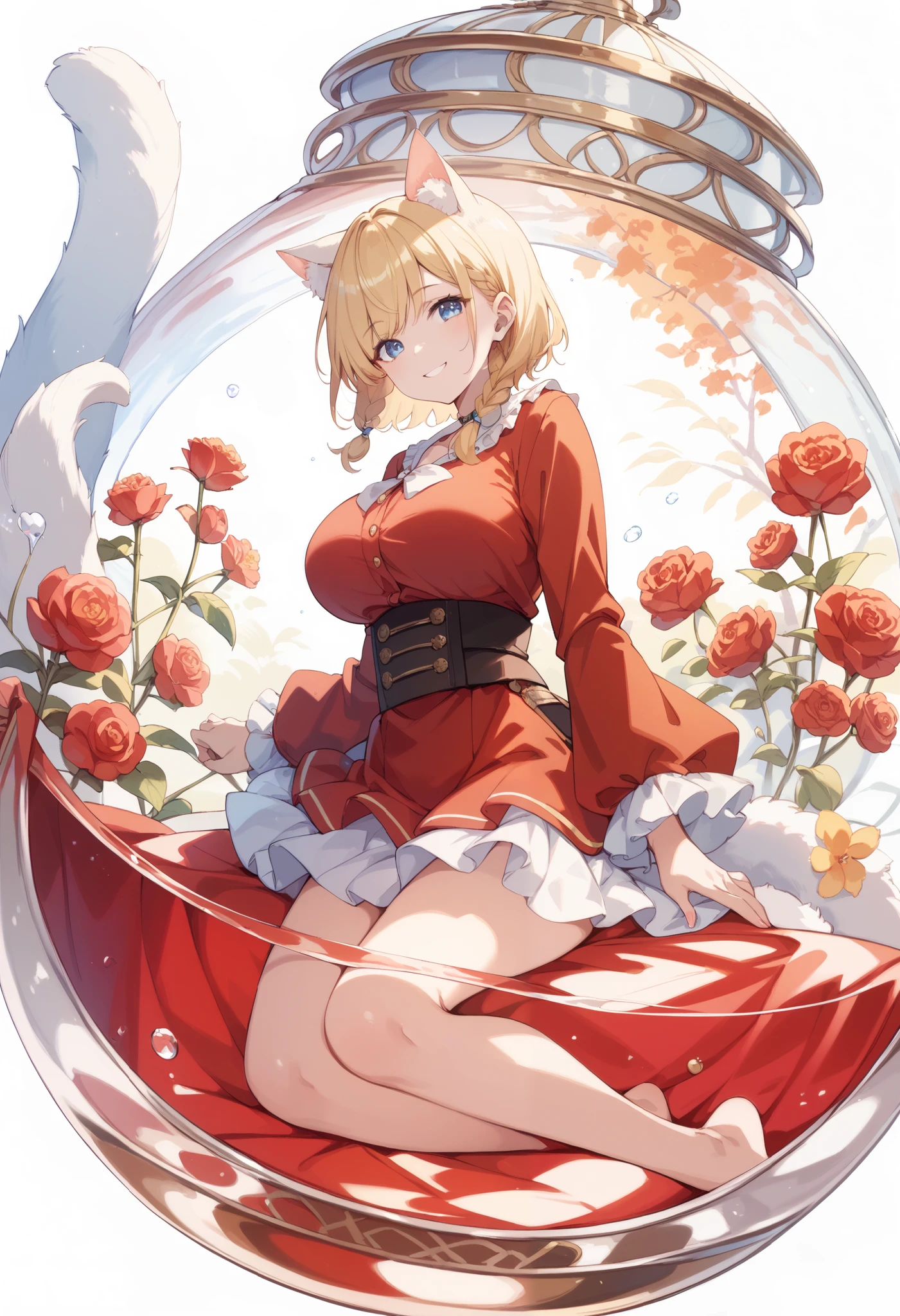 Cat ears、 bob cut blonde hair 、 braids on both sides、smile、Black tea、 Another World、 huge breasts 、、、