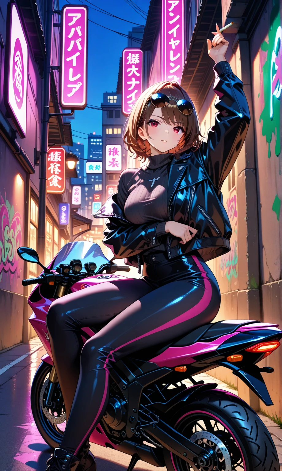 「((top-quality)), ((Best Retail)), (high level of detail: 1.3),。.。.3D、Beautiful fece(cyberpunked: 1.3)Hacker Woman、Female Spy、Riding a motorcycle