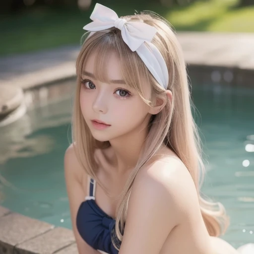 ((Pink floral bikini))、portlate、bright expression、poneyTail、Young shiny shiny white shiny skin、Best Looks、Blonde reflected light、Blonde hair with dazzling highlights、shiny light hair,、Super long silky straight hair、Beautiful bangs that shine、Rear view、Protruding buttocks、Glowing crystal clear attractive big blue eyes、Very beautiful nice cute 16 year old girl、Lush bust、shores、summer sunlight、Background blur、
