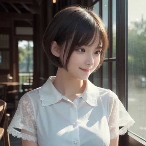 masterpiece, highest quality, RAW photo, 8k, 1 girl, Fine and beautiful skin, Backlight, soft light, shy, embarrassing, luminescent, look away, anatomically correct, short hair, bangs, Eye and face details, rough skin, professional photography, Bokeh, portrait, professional lighting, alone, smile, cute, Girly, film grain, dress shirt,