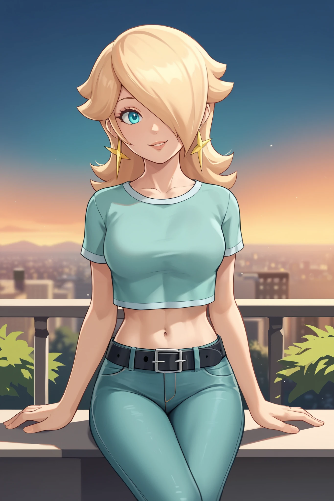 score_9, score_8_up, score_7_up, source_anime, rosalina, blonde hair, blue eyes, hair over one eye, long hair, star earrings, solo, cowboy shot, black t-shirt, taut clothes, tight shirt, midriff, navel, jeans, black belt, smile, balcony, arm support, sitting, night