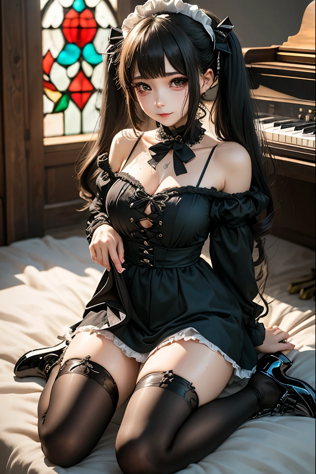 ハードDark Gothicメイク、Insanity、Deep Night Sky、Horror、Black dark eyeshadow、cry、Sad、Good skin radiance、Dark Gothicメイク、Dark smile、Restless Palace、Expression of sexual arousal、The beauty of fragrance、22 years old、Lie、Lure、Expression of intense sexual pleasure、Embarrassed look、Dark Gothic、Gothic Lolita、Bell Sleeves、Wizard Sleeve、Obscene language、Stained glassが背景、Pieces fly、highest quality、See 5 books、Sweat glistens on my chest、Expression of sexual pleasure amid suffering、Drunk face、Maid clothes、Noble、The face of someone who is holding in the toilet、sexy gothic clothing、The body is wet and shiny、Super sexy、Lots of glitter on the thighs、I&#39;m sweating a lot、Loving smile、Twin tail hair、My thighs are wet、Jet black frill skirt、Shaded、Right blue eye, Left eye is red、Sit on a gothic bed covered in roses、Super seductive pose、Gravure photoshoot、Knee-high socks、Thigh-high socks、Excessive sweat and stickiness on thighs、Plenty and fluffy, Shiny thighs、The sweat glistening on my thighs means my whole body is glistening with sweat.、glamorous、Platform Heel Shoes、I sweated a lot.、My thighs are sweaty、Heavy makeup、Breast size is modest、Black lipstick、重厚感のあるDark Gothicロングドレス、Bright pink hair、Long Hair Straight Hair、Stained glass、Black metal world、Spread your legs loosely、her thighs are a little glamorous、黒いplay the guitar、Guitar Girl、play the guitar、Guitar playing、Gothic Guitar、