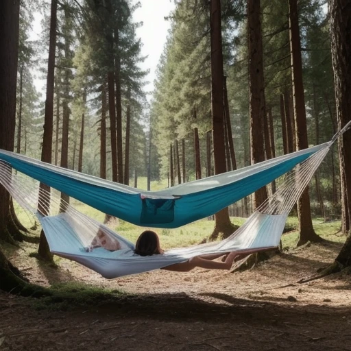 masterpiece, high resolution, girl,Sleeping in a hammock, nightwear, (Travel Lady), forest, wood, mount, tent, picnic, adventure