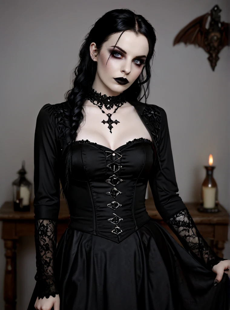 girl, (erotism:1.3), (gothic dress:1.3), highly detailed, black long hair pig tails, empress, black lipstick, Cinematic film still, hdr, cinematic lighting, (volumetric fog:0.7)