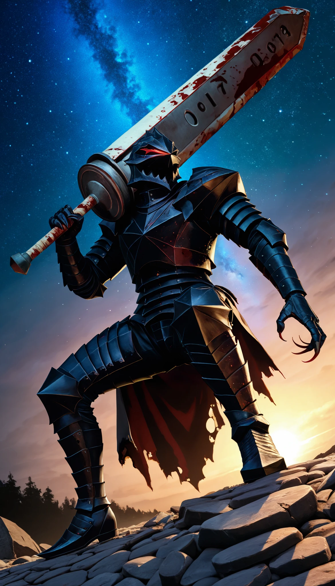 1 , viscera_Berserker, hull, Ojos rojos, round, black armor, guanteletes con claws, claws, torn cover, Blood on clothes , cinematic angle , medieval , Evening, moonlight, choline , stones, starry sky , masterpiece, envelopes, huge weapon, weapon over shoulder,