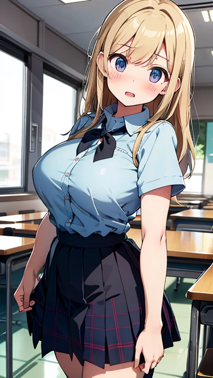 1 girls, (detailed light blue eyes, lange wimpern, detailed beautiful face:1.2), 4k quality, (Long blonde hair:1.5), (arms behind back:1.4), (big breasts:1.5), (blushing:1.3), (long hair, Hair in the face, high ponytail, zwei Strähnen vorne in Haaren:1.4), (black skirt, White shirt with a black necktie, school girl:1.7), (bondage, shibari over clothes:1.3), pralle Brüste, OTN, White Gag, gagged, (standing:1.7), (standing in a big classroom with big windows and a Sunny beach view:1.6)