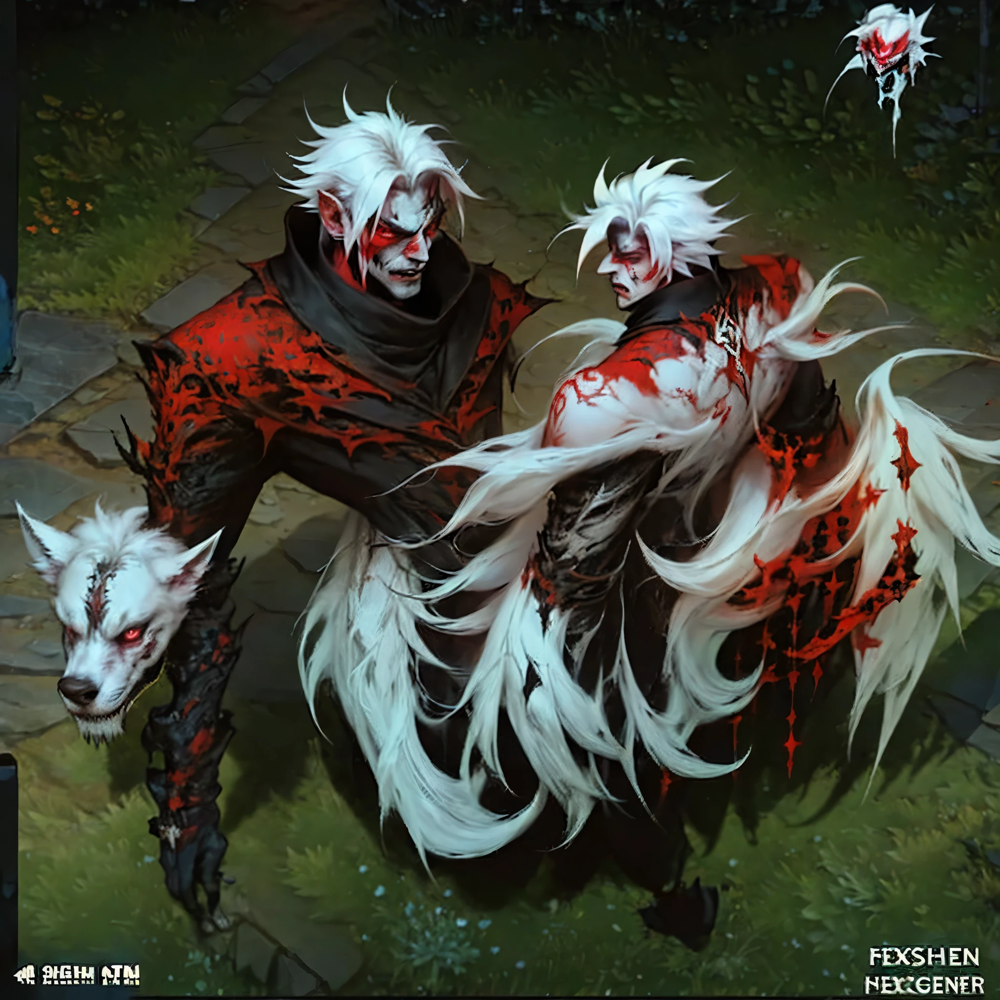 A striking male character, 25 years old, with a supernatural appearance. He has white wolf cut hair, albino skin, and glowing red eyes, exuding a mysterious aura. His left side is adorned with intricate red tattoos featuring ghostly and spectral designs with abstract, eerie shapes. He wears dark, modern clothing with a gothic touch, paired with black cowboy boots that enhance his unique and edgy style. The character stands confidently in a misty, shadowy environment, surrounded by faint ghostly figures in the background. His expression is sarcastic yet mysterious, perfectly blending with the eerie and supernatural atmosphere.