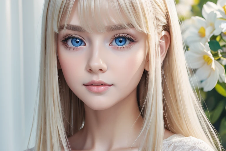 A stunning 14-year-old blonde beauty , Frilled Summer Dress, Scandinavian blonde super beautiful girl, Standing, Brush your hair up、 Strange bangs between the eyes、Super long straight platinum blonde hair、Low contrast, (A shy smile:0.8), Highest quality, Ultra-high resolution, Realistic photos, Very detailed, 8k, Raw photo, Perfect Anatomy、Very beautiful, bright, big, light blue eyes、Cheek gloss highlighter、Very big eyes、Small Face Beauty