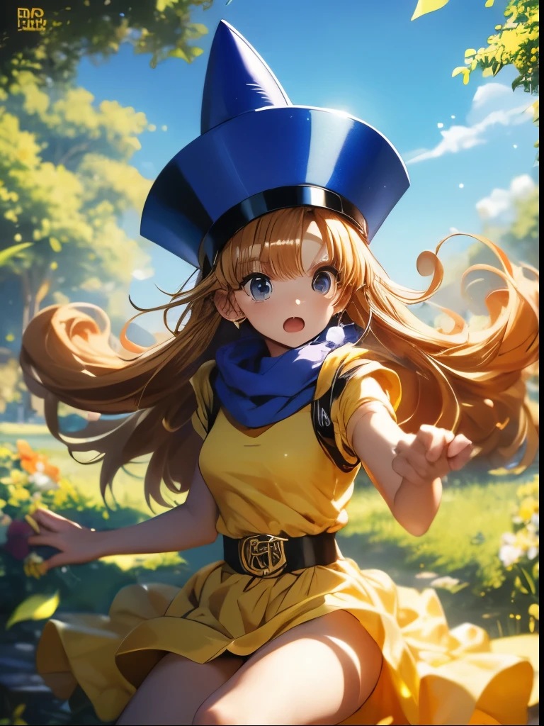 (((SFW、Accuracy、Highest quality、 A first-class masterpiece 、 Normal body 、8k、 detailed color 、 super precision 、 Normal Hands 、5See also、Highest)))、" Dragon Quest IV"、 Arena、arena、 Blonde、 STRAIGHT LONG HAIR、 short、 slender、yellow dress 、 yellow mini skirt、blue cloak 、blue pointy hat、 black belt 、Fighting Girl、pinch、Anxious face、cornered、 popular howing off、 White Sexy Panties