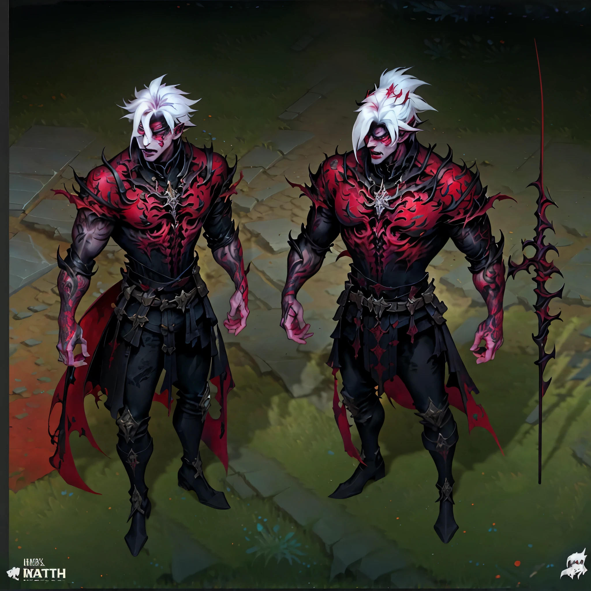 A striking male character, 25 years old, with a supernatural appearance. He has white wolf cut hair, albino skin, and glowing red eyes, exuding a mysterious aura. His left side is adorned with intricate red tattoos featuring ghostly and spectral designs with abstract, eerie shapes. He wears dark, modern clothing with a gothic touch, paired with black cowboy boots that enhance his unique and edgy style. The character stands confidently in a misty, shadowy environment, surrounded by faint ghostly figures in the background. His expression is sarcastic yet mysterious, perfectly blending with the eerie and supernatural atmosphere.
