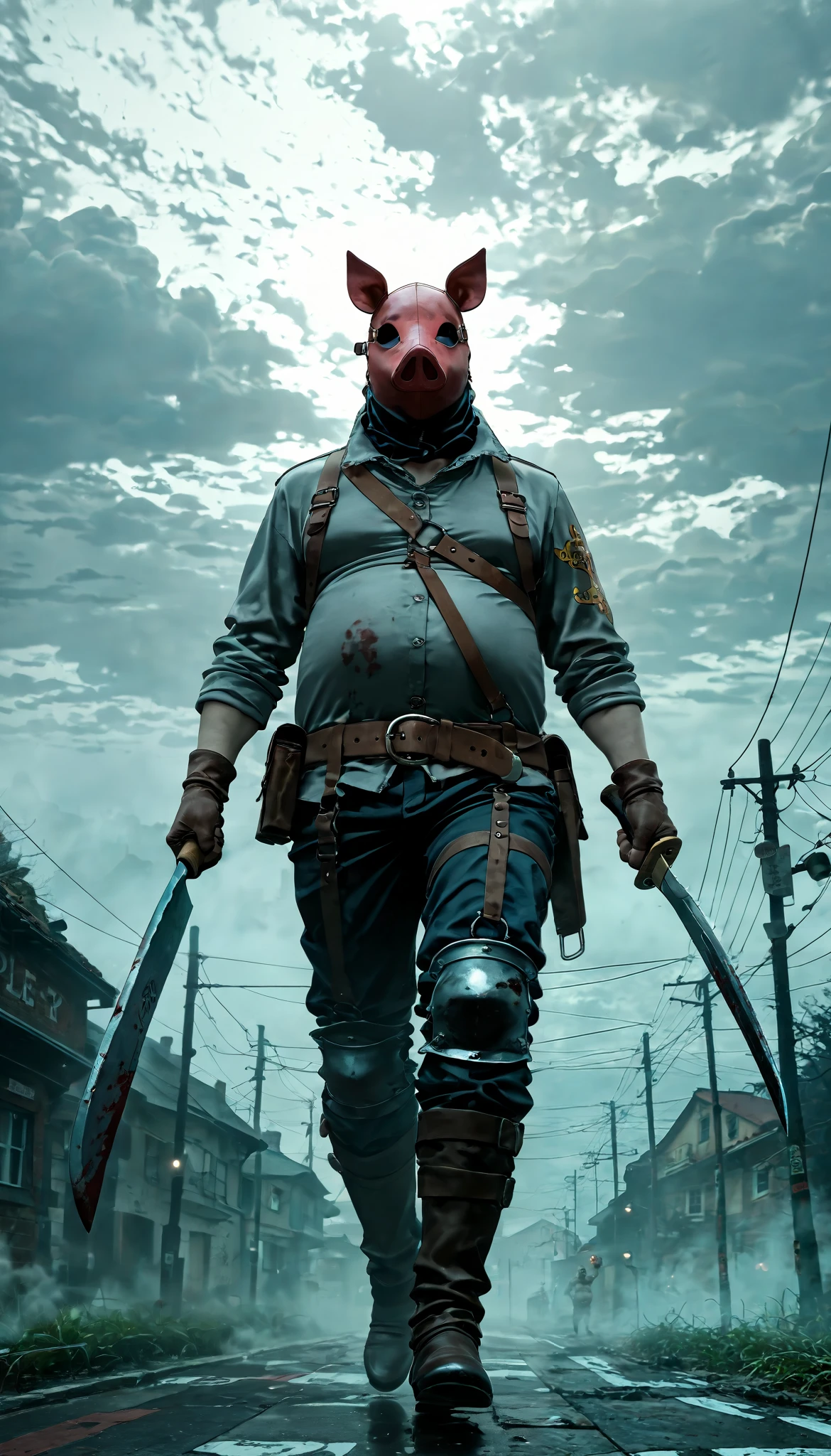 tall and dirty artwork ,Fat line , horrible killer , who wears a machete with bloodstained chains and hooks hanging from his belt, and has a pig mask , ordinary street at night , tracking a target , cloudy, darkness, contrast, Concept art installation , ultra Detailed , absolutely resolution , envelopes, 2.5D, Delicate and dynamic effects , fog filter effects , Artistic, hyper, digital graphic art CG