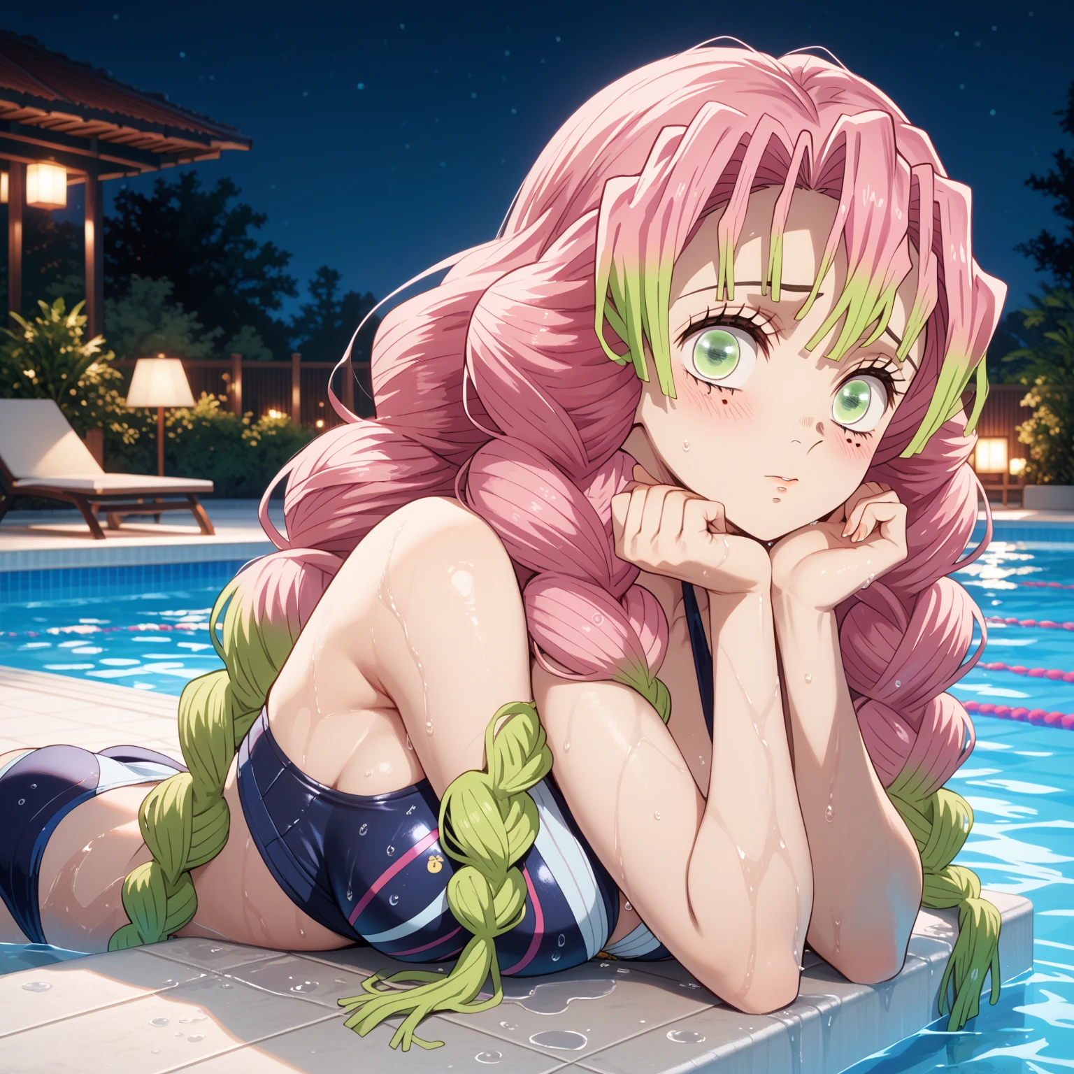 m1tsur1kanr0j1, pink hair, braid, long hair, green eyes, mole under eye, one-piece swimsuit, sexy pose, blush, shy, Pose seductively, Posing provocatively, Wet body, pool, night, looking at viewer, Body tingling, Beautiful view, good atmosphere, Thigh