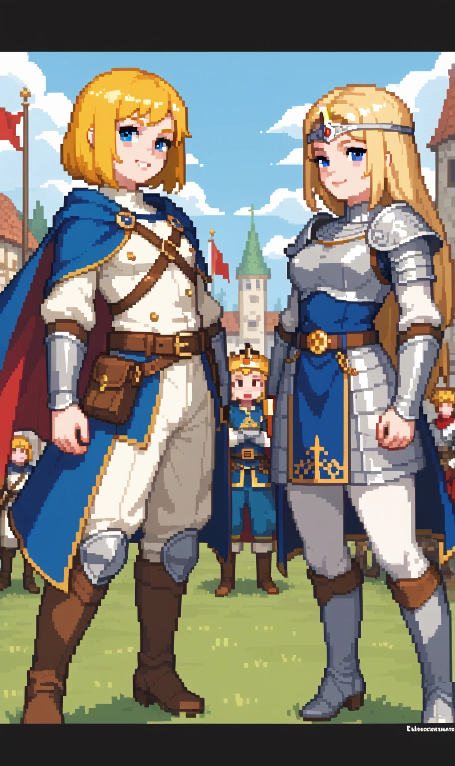 source_anime, score_9, score_8_up, BREAK two heads, conjoined, 1girl, armor, castle, smile